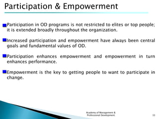 Participation & Empowerment

Participation in OD programs is not restricted to elites or top people;
it is extended broadl...