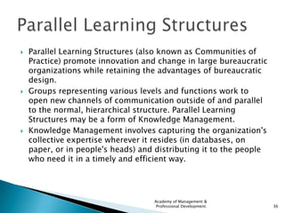    Parallel Learning Structures (also known as Communities of
    Practice) promote innovation and change in large bureau...