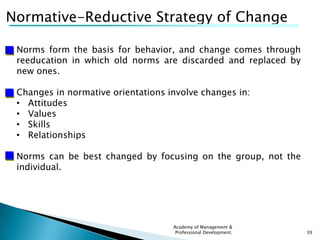 Normative-Reductive Strategy of Change

 Norms form the basis for behavior, and change comes through
 reeducation in which...