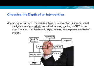 Choosing the Depth of an Intervention
According to Harrison, the deepest type of intervention is intrapersonal
analysis – analysis within an individual – eg: getting a CEO to re-
examine his or her leadership style, values, assumptions and belief
system.
 