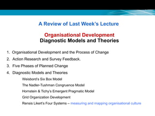 A Review of Last Week’s Lecture
Organisational Development
Diagnostic Models and Theories
1. Organisational Development and the Process of Change
2. Action Research and Survey Feedback.
3. Five Phases of Planned Change
4. Diagnostic Models and Theories
Weisbord’s Six Box Model
The Nadler-Tushman Congruence Model
Hornstein & Tichy’s Emergent Pragmatic Model
Grid Organization Development
Rensis Likert’s Four Systems – measuring and mapping organisational culture
 