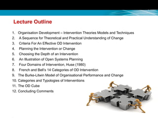Lecture Outline
1. Organisation Development – Intervention Theories Models and Techniques
2. A Sequence for Theoretical and Practical Understanding of Change
3. Criteria For An Effective OD Intervention
4. Planning the Intervention or Change
5. Choosing the Depth of an Intervention
6. An Illustration of Open Systems Planning
7. Four Domains of Intervention, Huse (1980)
8. French and Bell’s 14 Categories of OD Intervention
9. The Burke-Litwin Model of Organisational Performance and Change
10. Categories and Typologies of Interventions
11. The OD Cube
12. Concluding Comments
 