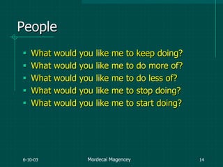 6-10-03 14
People
 What would you like me to keep doing?
 What would you like me to do more of?
 What would you like me to do less of?
 What would you like me to stop doing?
 What would you like me to start doing?
Mordecai Magencey
 