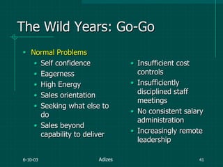 6-10-03 41
The Wild Years: Go-Go
 Normal Problems
• Self confidence
• Eagerness
• High Energy
• Sales orientation
• Seeking what else to
do
• Sales beyond
capability to deliver
• Insufficient cost
controls
• Insufficiently
disciplined staff
meetings
• No consistent salary
administration
• Increasingly remote
leadership
Adizes
 