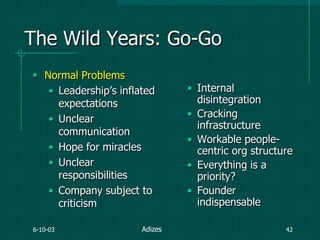 6-10-03 42
The Wild Years: Go-Go
 Normal Problems
• Leadership‟s inflated
expectations
• Unclear
communication
• Hope for miracles
• Unclear
responsibilities
• Company subject to
criticism
• Internal
disintegration
• Cracking
infrastructure
• Workable people-
centric org structure
• Everything is a
priority?
• Founder
indispensable
Adizes
 