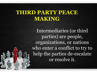 THIRD PARTY PEACE
MAKING
Intermediaries (or third
parties) are people,
organizations, or nations
who enter a conflict to try to
help the parties de-escalate
or resolve it.
 