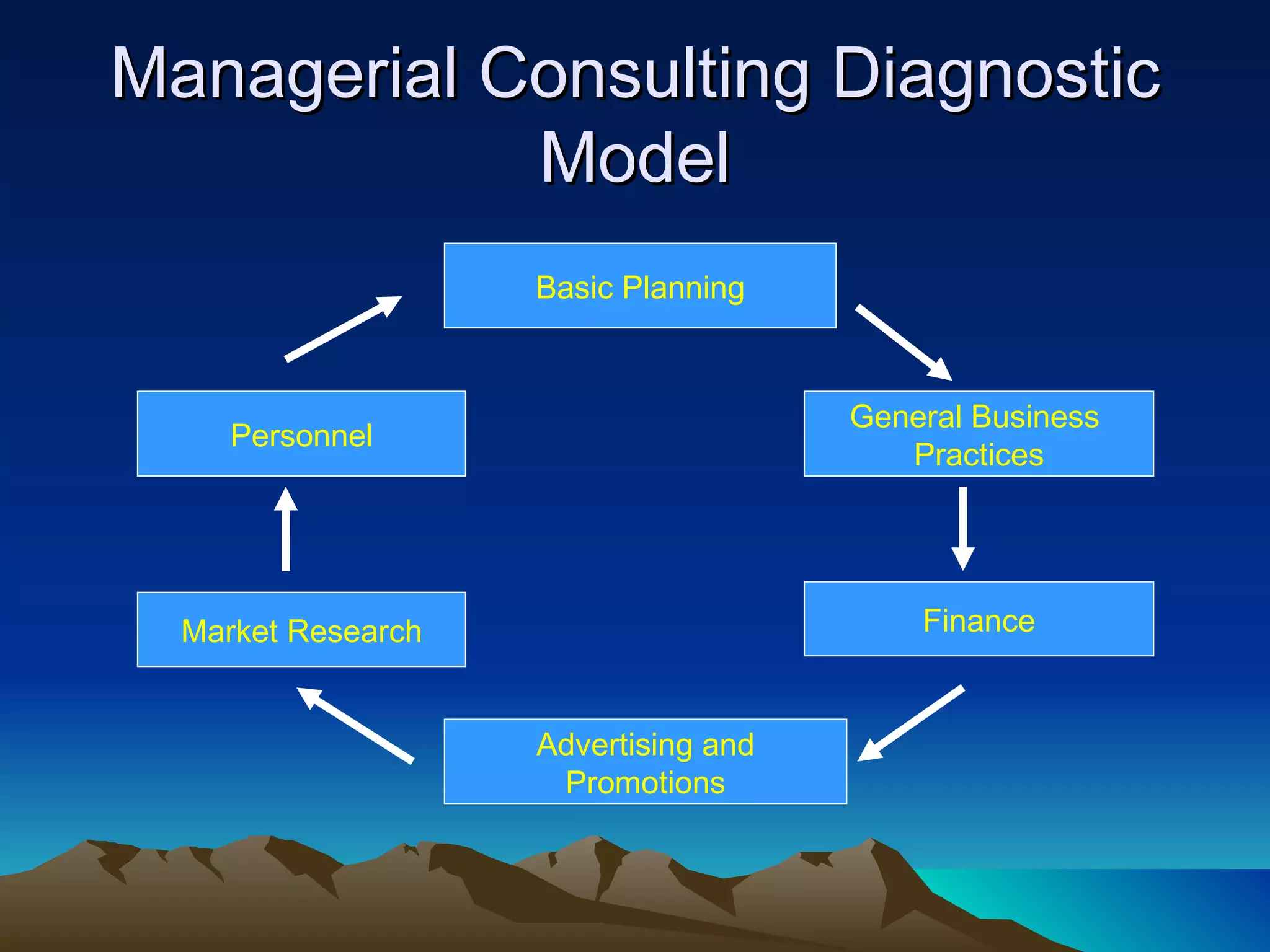 Managerial Consulting Diagnostic Model Basic Planning Personnel General Business  Practices Market Research Finance Advertising and Promotions 