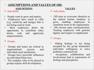 ASSUMPTIONS AND VALUES OF OD:
ASSUMTIONS
 Individuals:
 People want to grow and mature .
 Employees have much to offer
(e.g. creativity and energy) that is
not being used at work .
 Most employees desire the
opportunity to contribute (they
desire, seek and appreciate
empowerment).
 Groups:
 Groups and teams are critical to
organizational success and
individual need satisfaction.
 Groups have powerful influences
on individual behaviour .
 The complex roles to be played in
groups require skill development.
VALUES
 Individuals:
 OD aims to overcome obstacles to
the natural human tendency to
grow, enabling employees to
contribute more to the organization.
 OD stresses open communication,
Treating employees with genuine
dignity and respect is emphasized.
 Groups:
 Hiding feelings or not being
accepted by the group diminishes
individual willingness to solve
problems constructively
 Acceptance, collaboration and
involvement lead to expressions of
feelings and perceptions.
 