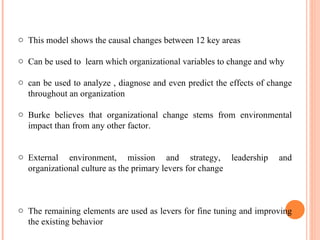 This model shows the causal changes between 12 key areas  Can be used to  learn which organizational variables to change and why can be used to analyze , diagnose and even predict the effects of change throughout an organization Burke believes that organizational change stems from environmental impact than from any other factor. External environment, mission and strategy, leadership and organizational culture as the primary levers for change The remaining elements are used as levers for fine tuning and improving the existing behavior 