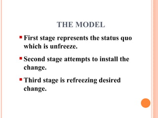 THE MODEL First stage represents the status quo which is unfreeze. Second stage attempts to install the change. Third stage is refreezing desired change. 