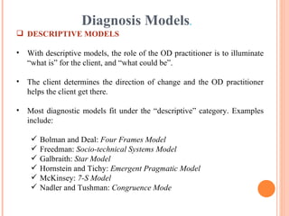 Diagnosis Models . DESCRIPTIVE MODELS With descriptive models, the role of the OD practitioner is to illuminate “what is” for the client, and “what could be”.  The client determines the direction of change and the OD practitioner helps the client get there. Most diagnostic models fit under the “descriptive” category. Examples include: Bolman and Deal:  Four Frames Model Freedman:  Socio-technical Systems Model Galbraith:  Star Model Hornstein and Tichy:  Emergent Pragmatic Model McKinsey:  7-S Model Nadler and Tushman:  Congruence Mode 