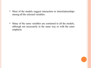 Most of the models suggest interaction or interrelationships among all the selected variables. Many of the same variables are contained in all the models, although not necessarily in the same way or with the same emphasis 