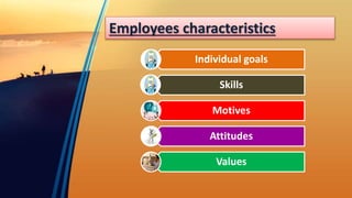 Employees characteristics
Individual goals
Skills
Motives
Attitudes
Values
 