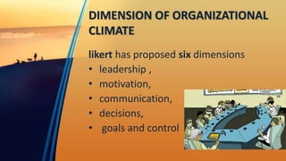 DIMENSION OF ORGANIZATIONAL
CLIMATE
likert has proposed six dimensions
• leadership ,
• motivation,
• communication,
• decisions,
• goals and control
 
