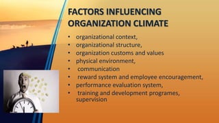 FACTORS INFLUENCING
ORGANIZATION CLIMATE
• organizational context,
• organizational structure,
• organization customs and values
• physical environment,
• communication
• reward system and employee encouragement,
• performance evaluation system,
• training and development programes,
supervision
 