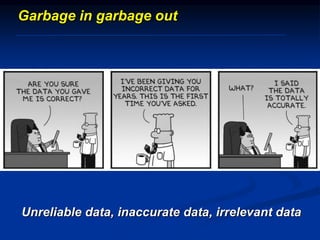Garbage in garbage out
Unreliable data, inaccurate data, irrelevant data
 