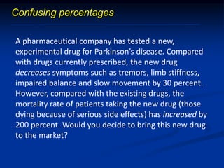 A pharmaceutical company has tested a new,
experimental drug for Parkinson’s disease. Compared
with drugs currently prescribed, the new drug
decreases symptoms such as tremors, limb stiffness,
impaired balance and slow movement by 30 percent.
However, compared with the existing drugs, the
mortality rate of patients taking the new drug (those
dying because of serious side effects) has increased by
200 percent. Would you decide to bring this new drug
to the market?
Confusing percentages
 
