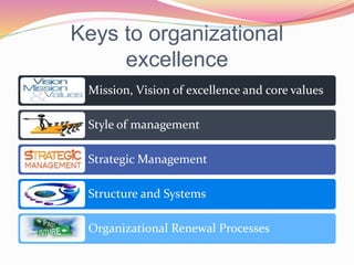 Keys to organizational
excellence
Mission, Vision of excellence and core values
Style of management
Strategic Management
Structure and Systems
Organizational Renewal Processes
 