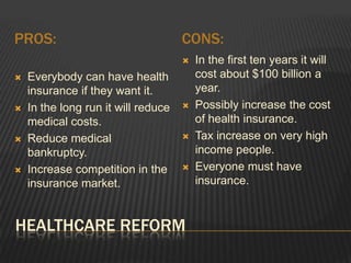 Healthcare reformPros:Cons:Everybody can have health insurance if they want it.In the long run it will reduce medical costs.Reduce medical bankruptcy.Increase competition in the insurance market.In the first ten years it will cost about $100 billion a year.Possibly increase the cost of health insurance.Tax increase on very high income people.Everyone must have insurance.