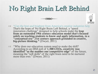 No Right Brain Left Behind “Can the best and brightest from America's creative industries help solve the creativity crisis currently facing our schools?  That's the hope of No Right Brain Left Behind, a "speed innovation challenge" designed to help schools make the  leap from an outmoded 19th century education model that's focused solely on teaching students to know and apply information, to a "conceptual-era" 21st century approach grounded in creative, big-picture thinking.”  (Dwyer, 2011) “ Why does our education system need to make the shift? According to an IBM poll of  1,500 CEOs, creativity was identified "as the number one competitive edge"  of the future, meaning the "soft skills" of the right brain need to be nurtured more than ever.” (Dwyer, 2011) 