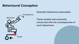 5
Essential behaviours associated
These studies were primarily
concerned with the consequences of
such behaviours
Behaviour
Consequence
Cause
Behavioural Conception
 
