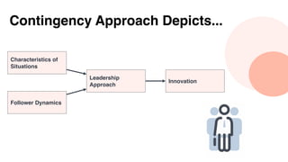 Contingency Approach Depicts...
Characteristics of
Situations
Leadership
Approach
Innovation
Follower Dynamics
 