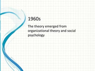 1960s
The theory emerged from
organizational theory and social
psychology
 