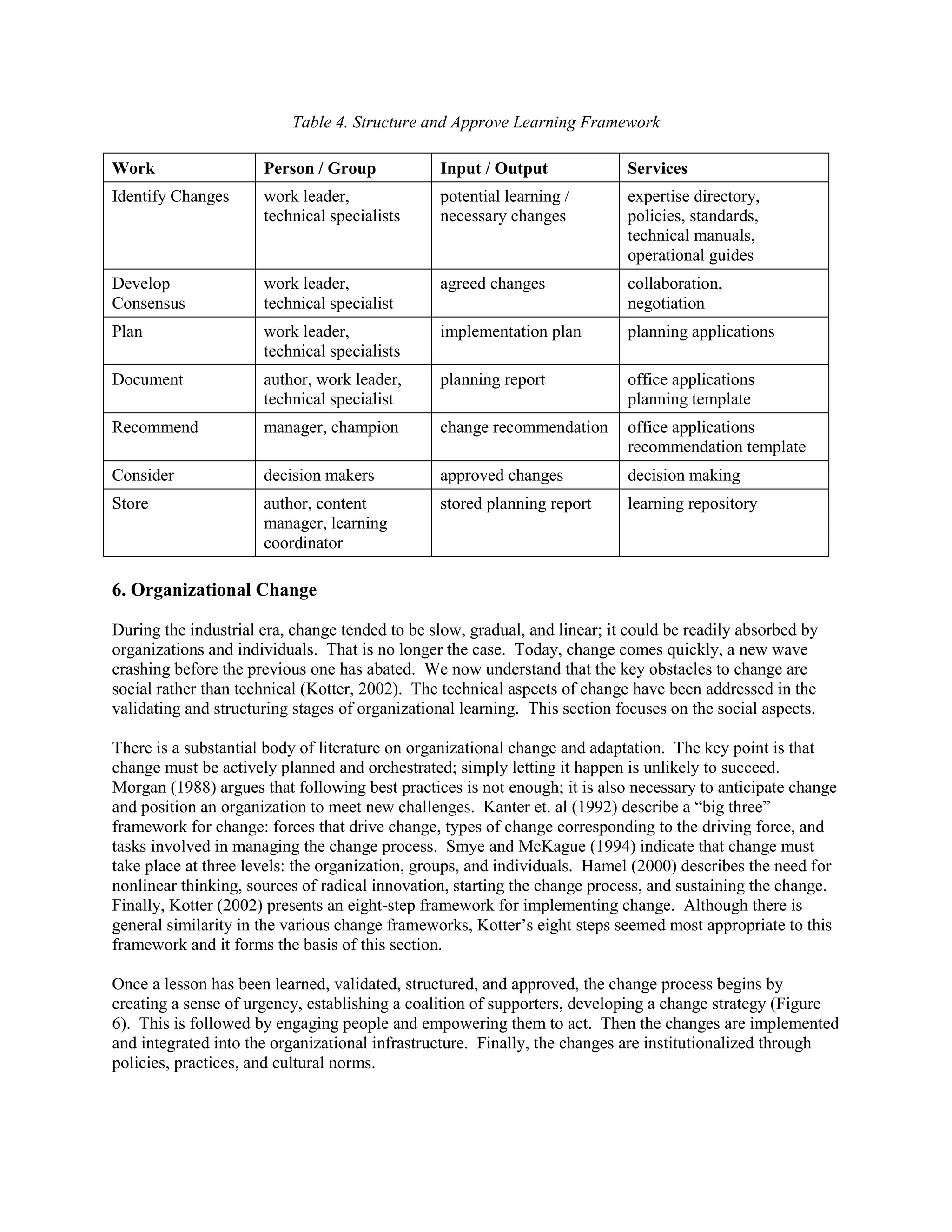 Table 4. Structure and Approve Learning Framework 
Work 
Person / Group 
Input / Output 
Services 
Identify Changes 
work leader, technical specialists 
potential learning / necessary changes 
expertise directory, policies, standards, technical manuals, operational guides 
Develop Consensus 
work leader, technical specialist 
agreed changes 
collaboration, negotiation 
Plan 
work leader, technical specialists 
implementation plan 
planning applications 
Document 
author, work leader, technical specialist 
planning report 
office applications planning template 
Recommend 
manager, champion 
change recommendation 
office applications recommendation template 
Consider 
decision makers 
approved changes 
decision making 
Store 
author, content manager, learning coordinator 
stored planning report 
learning repository 
6. Organizational Change 
During the industrial era, change tended to be slow, gradual, and linear; it could be readily absorbed by organizations and individuals. That is no longer the case. Today, change comes quickly, a new wave crashing before the previous one has abated. We now understand that the key obstacles to change are social rather than technical (Kotter, 2002). The technical aspects of change have been addressed in the validating and structuring stages of organizational learning. This section focuses on the social aspects. 
There is a substantial body of literature on organizational change and adaptation. The key point is that change must be actively planned and orchestrated; simply letting it happen is unlikely to succeed. Morgan (1988) argues that following best practices is not enough; it is also necessary to anticipate change and position an organization to meet new challenges. Kanter et. al (1992) describe a “big three” framework for change: forces that drive change, types of change corresponding to the driving force, and tasks involved in managing the change process. Smye and McKague (1994) indicate that change must take place at three levels: the organization, groups, and individuals. Hamel (2000) describes the need for nonlinear thinking, sources of radical innovation, starting the change process, and sustaining the change. Finally, Kotter (2002) presents an eight-step framework for implementing change. Although there is general similarity in the various change frameworks, Kotter’s eight steps seemed most appropriate to this framework and it forms the basis of this section. 
Once a lesson has been learned, validated, structured, and approved, the change process begins by creating a sense of urgency, establishing a coalition of supporters, developing a change strategy (Figure 6). This is followed by engaging people and empowering them to act. Then the changes are implemented and integrated into the organizational infrastructure. Finally, the changes are institutionalized through policies, practices, and cultural norms. 
 