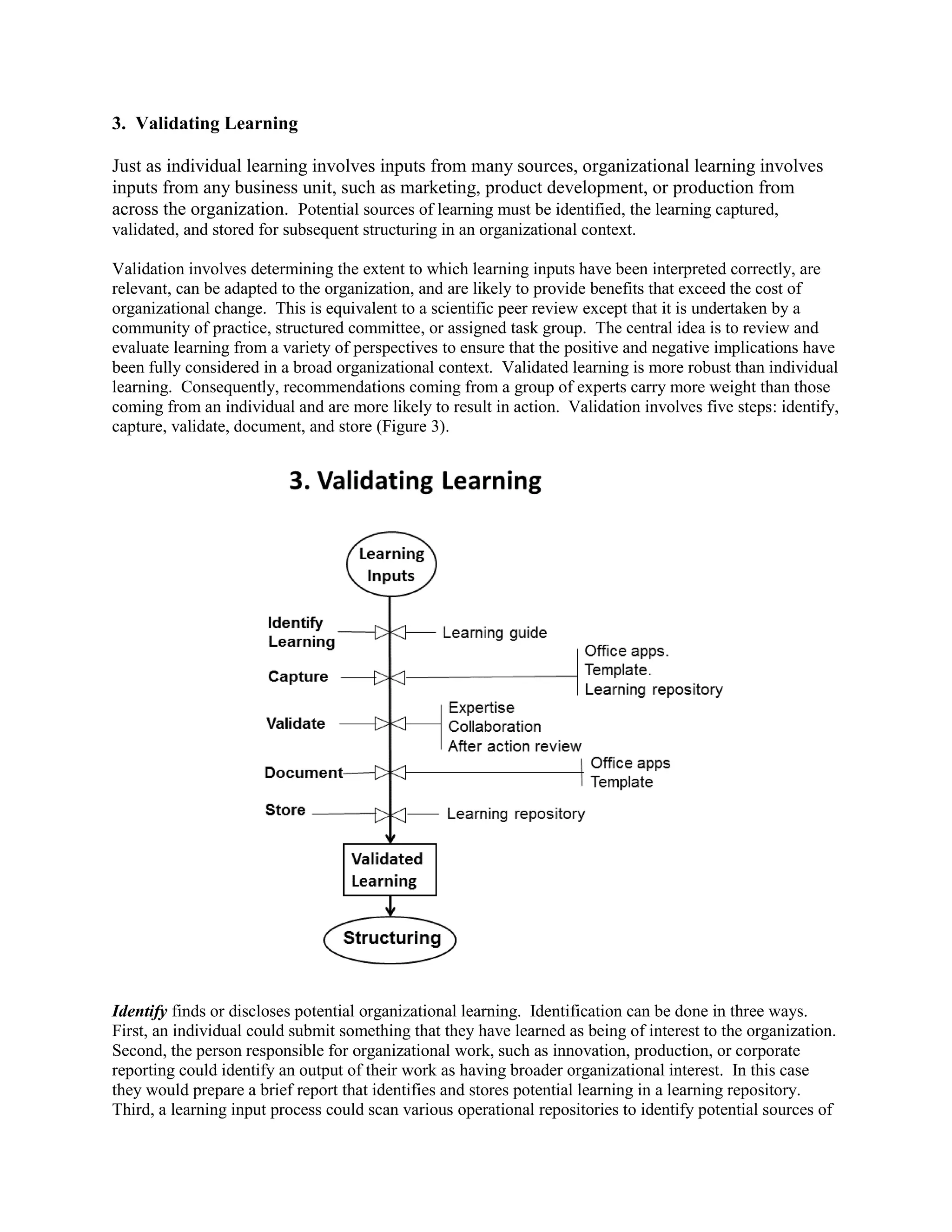3. Validating Learning 
Just as individual learning involves inputs from many sources, organizational learning involves inputs from any business unit, such as marketing, product development, or production from across the organization. Potential sources of learning must be identified, the learning captured, validated, and stored for subsequent structuring in an organizational context. 
Validation involves determining the extent to which learning inputs have been interpreted correctly, are relevant, can be adapted to the organization, and are likely to provide benefits that exceed the cost of organizational change. This is equivalent to a scientific peer review except that it is undertaken by a community of practice, structured committee, or assigned task group. The central idea is to review and evaluate learning from a variety of perspectives to ensure that the positive and negative implications have been fully considered in a broad organizational context. Validated learning is more robust than individual learning. Consequently, recommendations coming from a group of experts carry more weight than those coming from an individual and are more likely to result in action. Validation involves five steps: identify, capture, validate, document, and store (Figure 3). 
Identify finds or discloses potential organizational learning. Identification can be done in three ways. First, an individual could submit something that they have learned as being of interest to the organization. Second, the person responsible for organizational work, such as innovation, production, or corporate reporting could identify an output of their work as having broader organizational interest. In this case they would prepare a brief report that identifies and stores potential learning in a learning repository. Third, a learning input process could scan various operational repositories to identify potential sources of  