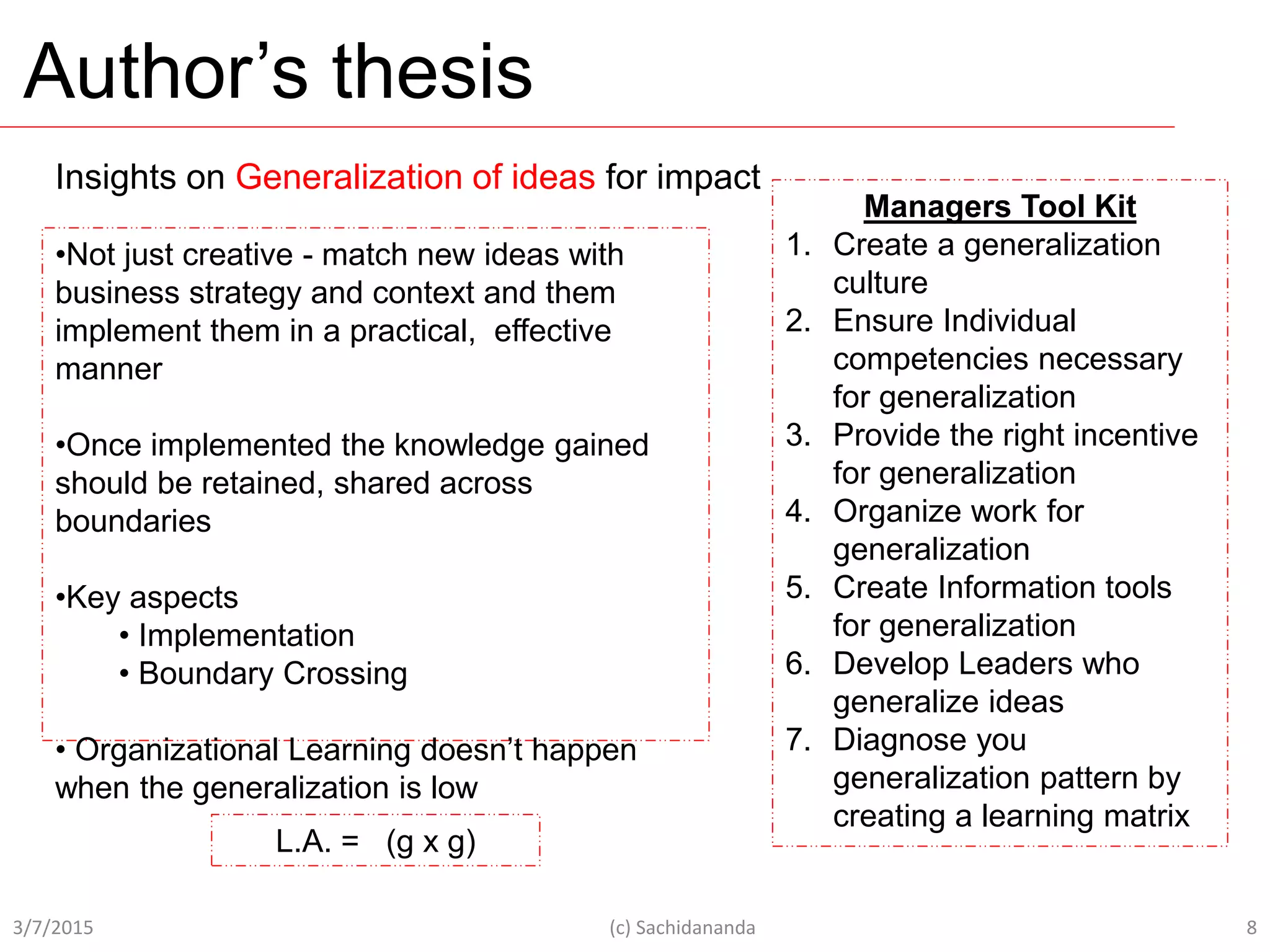 Author’s thesis
3/7/2015 (c) Sachidananda 8
Insights on Generalization of ideas for impact
Managers Tool Kit
1. Create a generalization
culture
2. Ensure Individual
competencies necessary
for generalization
3. Provide the right incentive
for generalization
4. Organize work for
generalization
5. Create Information tools
for generalization
6. Develop Leaders who
generalize ideas
7. Diagnose you
generalization pattern by
creating a learning matrix
•Not just creative - match new ideas with
business strategy and context and them
implement them in a practical, effective
manner
•Once implemented the knowledge gained
should be retained, shared across
boundaries
•Key aspects
• Implementation
• Boundary Crossing
• Organizational Learning doesn’t happen
when the generalization is low
L.A. = (g x g)
 