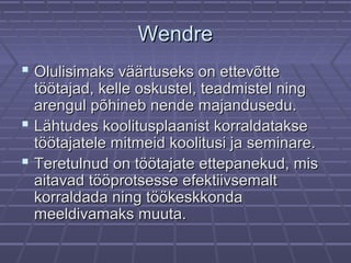 WendreWendre
 Olulisimaks väärtuseks on ettevõtteOlulisimaks väärtuseks on ettevõtte
töötajad, kelle oskustel, teadmistel ningtöötajad, kelle oskustel, teadmistel ning
arengul põhineb nende majandusedu.arengul põhineb nende majandusedu.
 Lähtudes koolitusplaanist korraldatakseLähtudes koolitusplaanist korraldatakse
töötajatele mitmeid koolitusi ja seminare.töötajatele mitmeid koolitusi ja seminare.
 Teretulnud on töötajate ettepanekud, misTeretulnud on töötajate ettepanekud, mis
aitavad tööprotsesse efektiivsemaltaitavad tööprotsesse efektiivsemalt
korraldada ning töökeskkondakorraldada ning töökeskkonda
meeldivamaks muuta.meeldivamaks muuta.
 