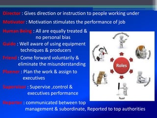 Director : Gives direction or instruction to people working under
Motivator : Motivation stimulates the performance of job
Human Being : All are equally treated &
no personal bias
Guide : Well aware of using equipment
techniques & producers
Friend : Come forward voluntarily &
eliminate the misunderstanding
Planner : Plan the work & assign to
executives
Supervisor : Supervise ,control &
executives performance
Reporter : communicated between top
management & subordinate, Reported to top authorities
 