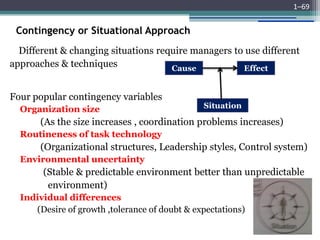 Contingency or Situational Approach
Different & changing situations require managers to use different
approaches & techniques
Four popular contingency variables
Organization size
(As the size increases , coordination problems increases)
Routineness of task technology
(Organizational structures, Leadership styles, Control system)
Environmental uncertainty
(Stable & predictable environment better than unpredictable
environment)
Individual differences
(Desire of growth ,tolerance of doubt & expectations)
1–69
Cause Effect
Situation
 