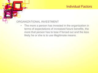 Individual Factors



ORGANIZATIONAL INVESTMENT
  • The more a person has invested in the organization in
    terms of expectations of increased future benefits, the
    more that person has to lose if forced out and the less
    likely he or she is to use illegitimate means.
 