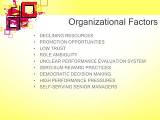 Organizational Factors
•   DECLINING RESOURCES
•   PROMOTION OPPORTUNITIES
•   LOW TRUST
•   ROLE AMBIGUITY
•   UNCLEAR PERFORMANCE EVALUATION SYSTEM
•   ZERO-SUM REWARD PRACTICES
•   DEMOCRATIC DECISION MAKING
•   HIGH PERFORMANCE PRESSURES
•   SELF-SERVING SENIOR MANAGERS
 