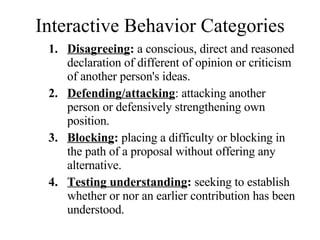 Interactive Behavior Categories Disagreeing :  a conscious, direct and reasoned declaration of different of opinion or criticism of another person's ideas. Defending/attacking : attacking another person or defensively strengthening own position. Blocking :  placing a difficulty or blocking in the path of a proposal without offering any alternative. Testing understanding :  seeking to establish whether or nor an earlier contribution has been understood. 