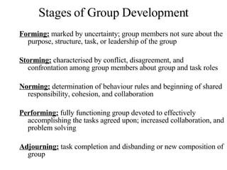 Stages of Group Development Forming:  marked by uncertainty; group members not sure about the purpose, structure, task, or leadership of the group Storming:  characterised by conflict, disagreement, and confrontation among group members about group and task roles Norming:  determination of behaviour rules and beginning of shared responsibility, cohesion, and collaboration Performing:  fully functioning group devoted to effectively accomplishing the tasks agreed upon; increased collaboration, and problem solving Adjourning:  task completion and disbanding or new composition of group 