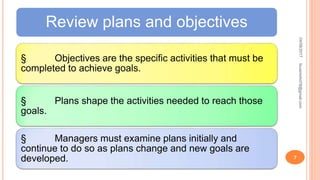Review plans and objectives
§ Objectives are the specific activities that must be
completed to achieve goals.
§ Plans shape the activities needed to reach those
goals.
§ Managers must examine plans initially and
continue to do so as plans change and new goals are
developed.
04/08/2017
7
fousimohd76@gmail.com
 