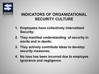 INDICATORS OF ORGANIZATIONAL
SECURITY CULTURE
1. Employees have collectively internalized
Security;
2. They manifest under...