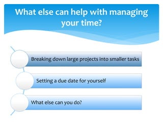 What else can help with managing
your time?
Breaking down large projects into smaller tasks
Setting a due date for yoursel...