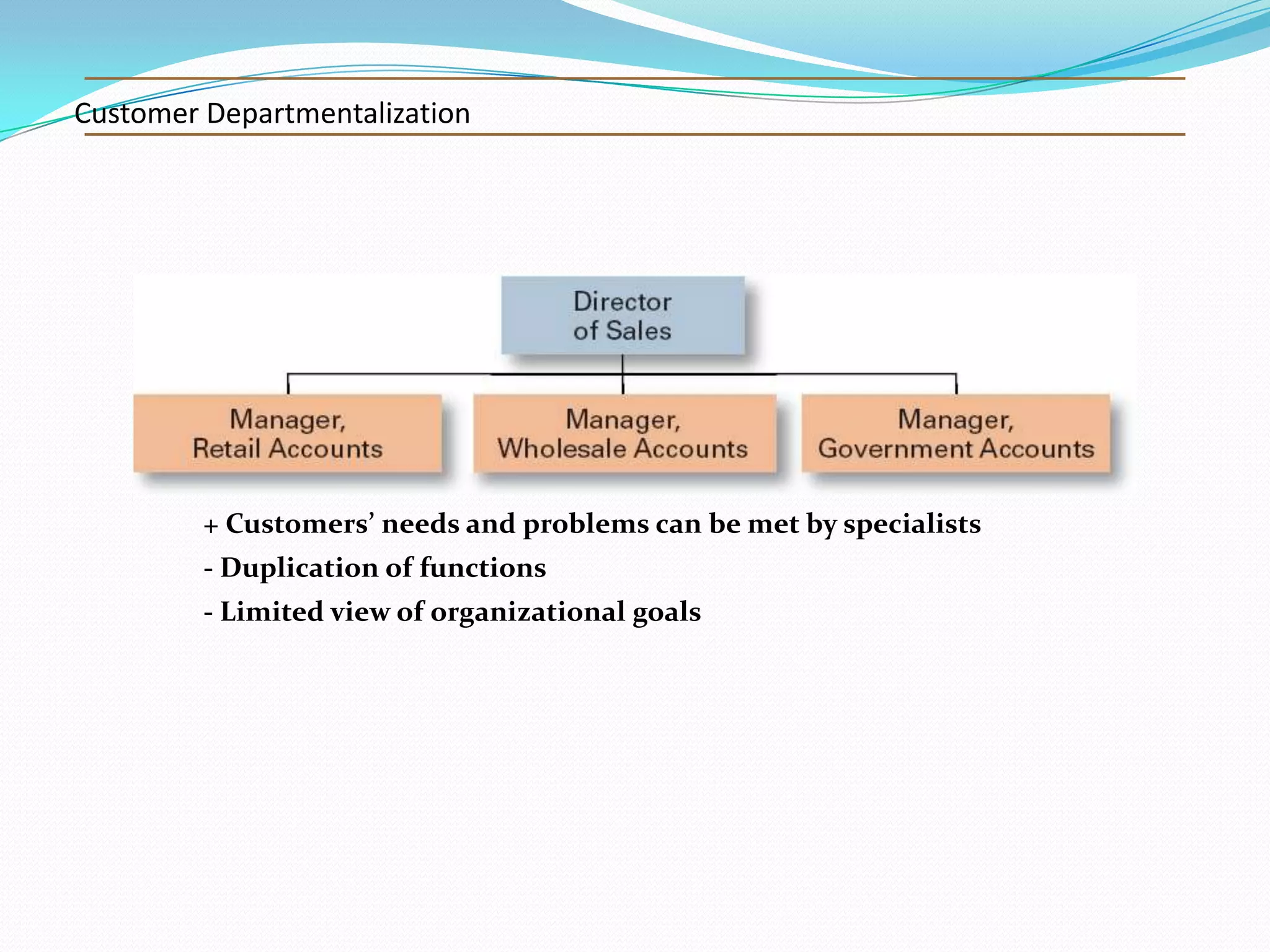 Customer Departmentalization

+ Customers’ needs and problems can be met by specialists
- Duplication of functions
- Limited view of organizational goals

 