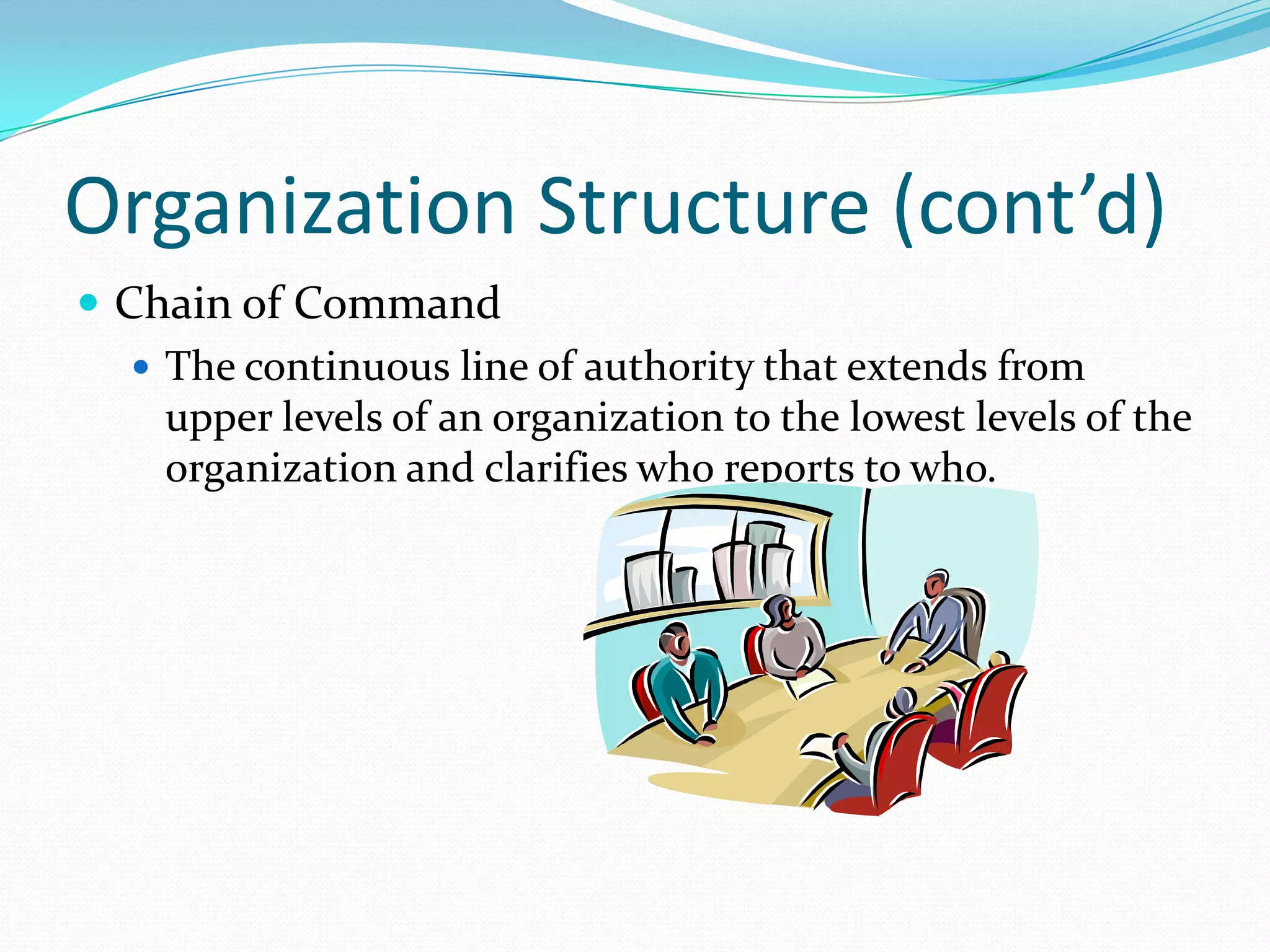 Organization Structure (cont’d)
 Chain of Command
 The continuous line of authority that extends from
upper levels of an organization to the lowest levels of the
organization and clarifies who reports to who.

 