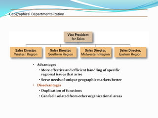 Geographical Departmentalization

• Advantages
• More effective and efficient handling of specific
regional issues that arise
• Serve needs of unique geographic markets better
• Disadvantages
• Duplication of functions

• Can feel isolated from other organizational areas

 