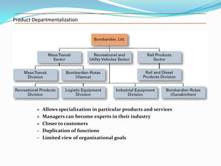 Product Departmentalization

+
+
+
–
–

Allows specialization in particular products and services
Managers can become experts in their industry
Closer to customers
Duplication of functions
Limited view of organizational goals

 