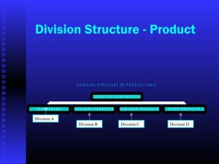 Division Structure - Product
D I V I S I O N A L S T R U C T U R E ( B Y P R O D U C T L I N E S )
F R A G R A N C E S S K I N C A R E P R O D U C T S H A I R C A R E P R O D U C T S O T H E R P R O D U C T S
C O S M E T I C S C O R P O R A T I O N
Division A
Division B Division C Division D
 