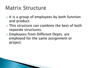 





It is a group of employees by both function
and product.
This structure can combine the best of both
separate structures.
Employees from Different Depts. are
employed for the same assignment or
project.

 