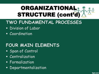 ORGANIZATIONAL
STRUCTURE (cont’d)
TWO FUNDAMENTAL PROCESSES
 Division of Labor
 Coordination

FOUR MAIN ELEMENTS





Span of Control
Centralization
Formalization
Departmentalization

 