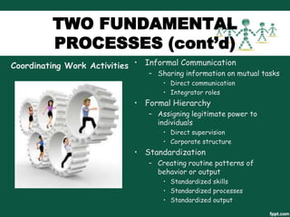 TWO FUNDAMENTAL
PROCESSES (cont’d)
Coordinating Work Activities • Informal Communication

– Sharing information on mutual tasks
• Direct communication
• Integrator roles

• Formal Hierarchy
– Assigning legitimate power to
individuals
• Direct supervision
• Corporate structure

• Standardization
– Creating routine patterns of
behavior or output
• Standardized skills
• Standardized processes
• Standardized output

 