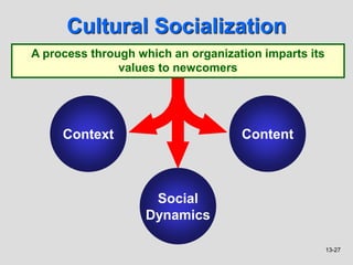 13-27
Cultural Socialization
A process through which an organization imparts its
values to newcomers
Context Content
Social
Dynamics
 