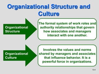 13-4
Organizational Structure and
Culture
Organizational
Structure
Organizational
Culture
The formal system of work roles and
authority relationships that govern
how associates and managers
interact with one another.
Involves the values and norms
shared by managers and associates
that influence behavior. It is a
powerful force in organizations.
 